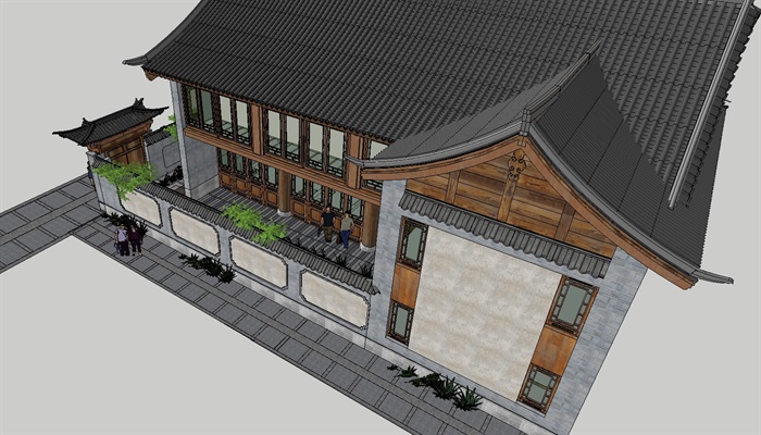 一个新中式三开间别墅院子su建筑设计方案模型[原创]