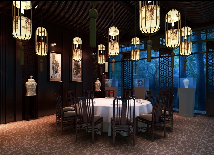 中式包间餐饮空间psd效果图,可直接用于相关餐饮空间素材设计使用
