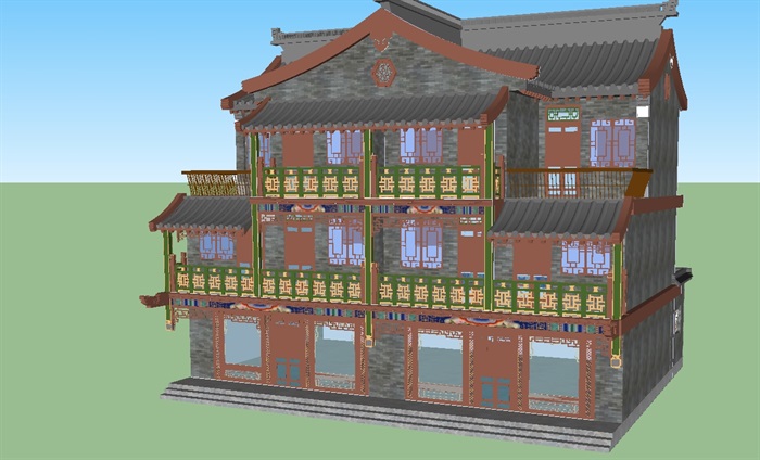 古典中式三层茶楼建筑方案su模型[原创]