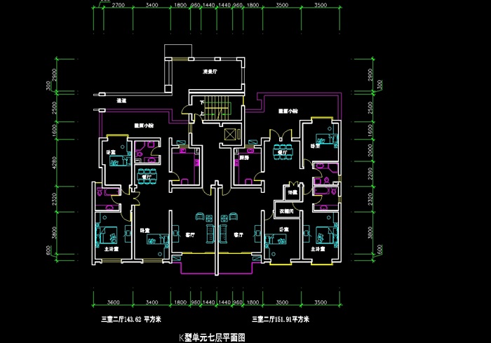 三室二厅住宅楼cad户型图[原创]