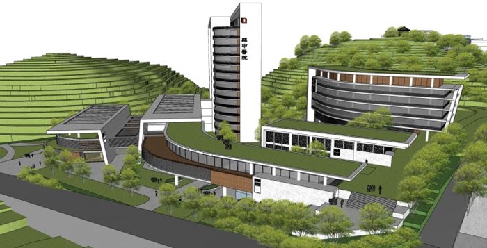 现代坡地中医院建筑方案su模型[原创]