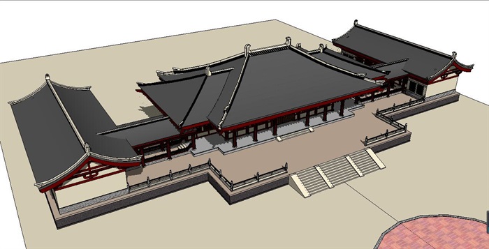 寺庙庙宇旅游建筑唐代古建筑宫殿详细建筑su模型,模型为古典中式风格