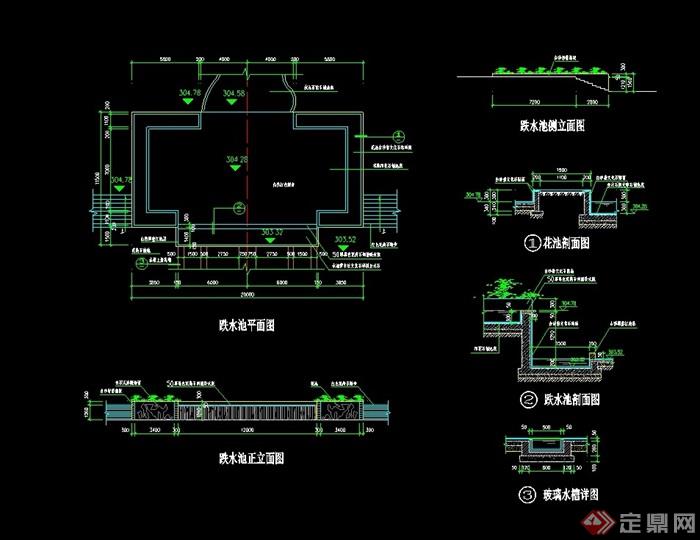 现代跌水池详细设计cad施工图,图纸绘制详细完整,包含了平面图,立面图