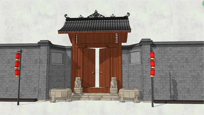 中式风格民居小院大门详细建筑设计su模型[原创]