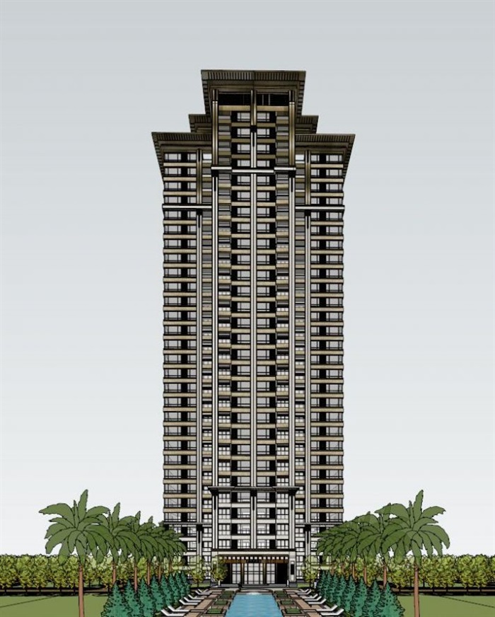 现代中式高层住宅楼建筑su模型原创