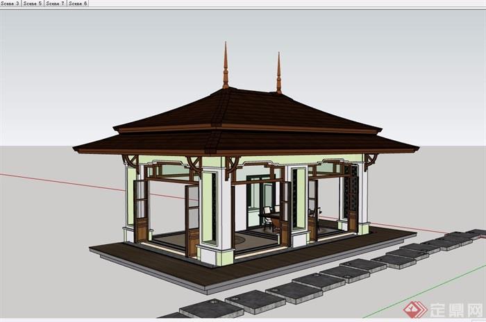 东南亚风格详细的休闲亭设计su模型原创