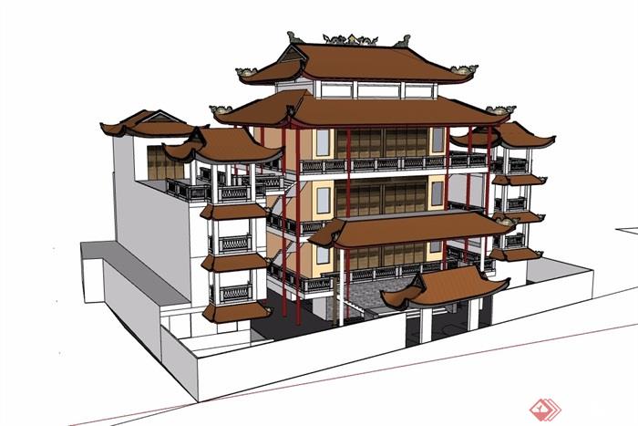 古典中式风格详细多层酒店建筑设计su模型[原创]