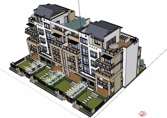 新中式风格5层住宅楼建筑设计su模型