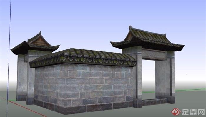 中式风格民宅大门及围墙su模型