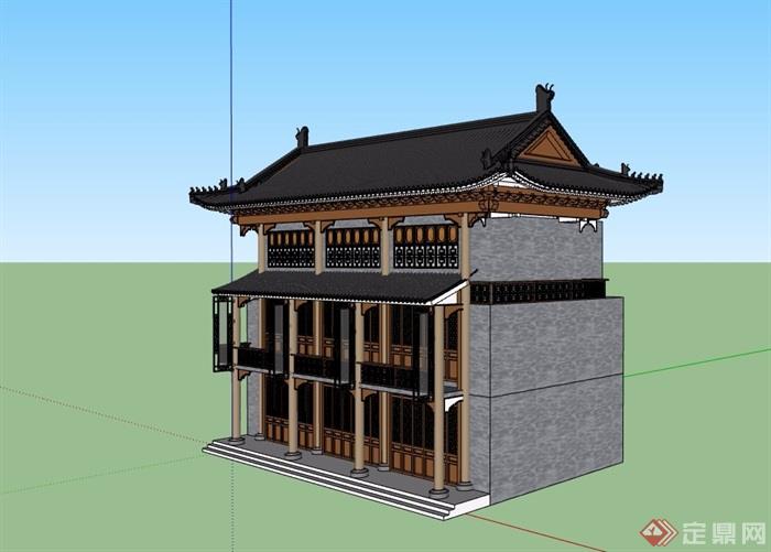 三层古典中式风格商业建筑楼su模型