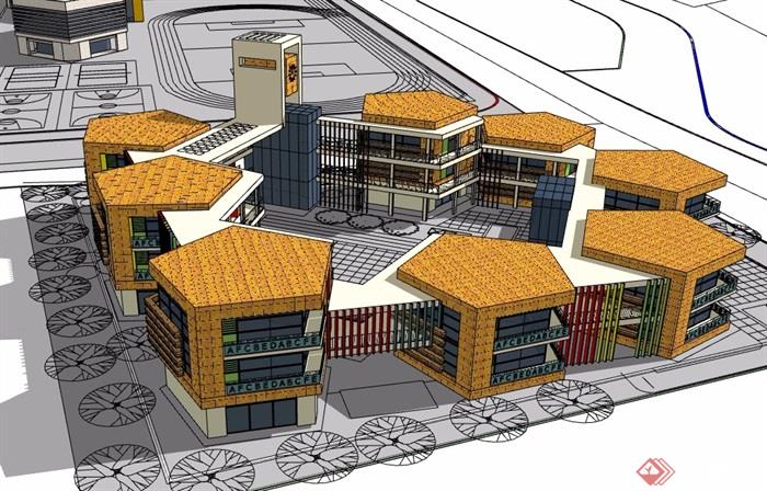 整体三栋学校教育建筑楼su模型