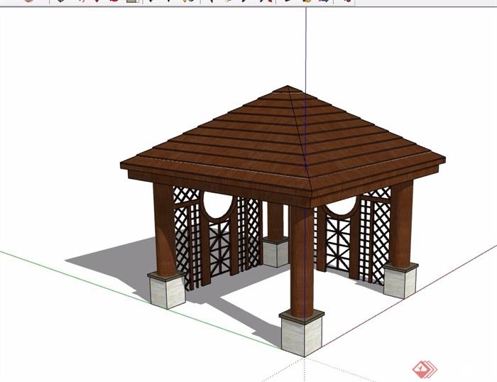 中式全木质凉亭设计su模型