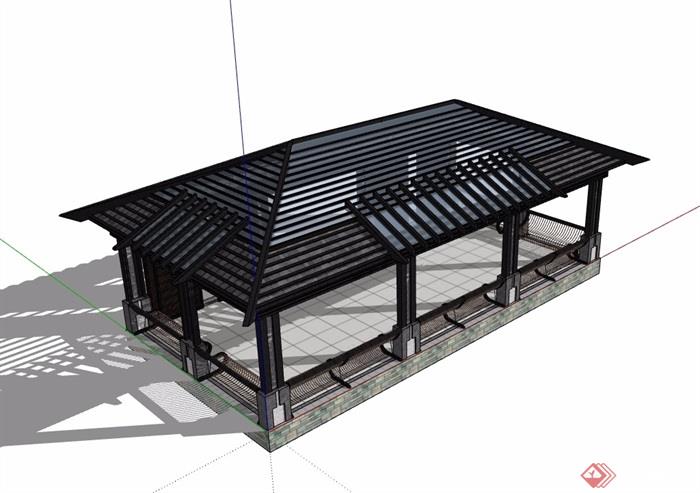 中式详细的玻璃凉亭su模型
