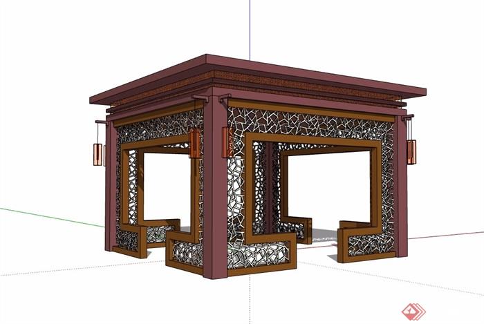 新中式独特平顶亭子设计su模型
