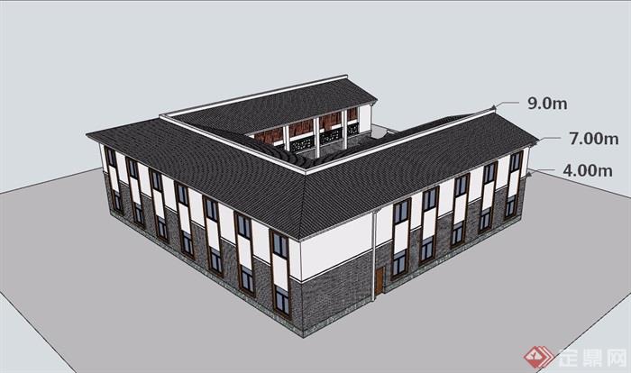 两层徽派中式四合院住宅建筑su模型