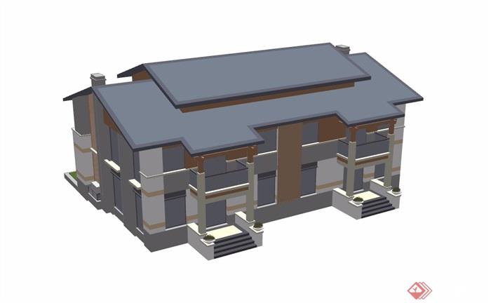中式两层小别墅建筑设计su模型