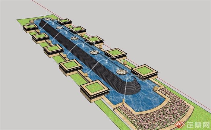 详细完整的喷泉水池水景设计su模型