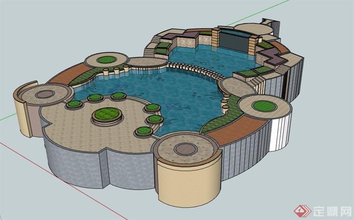 现代详细的水池水景设计su模型