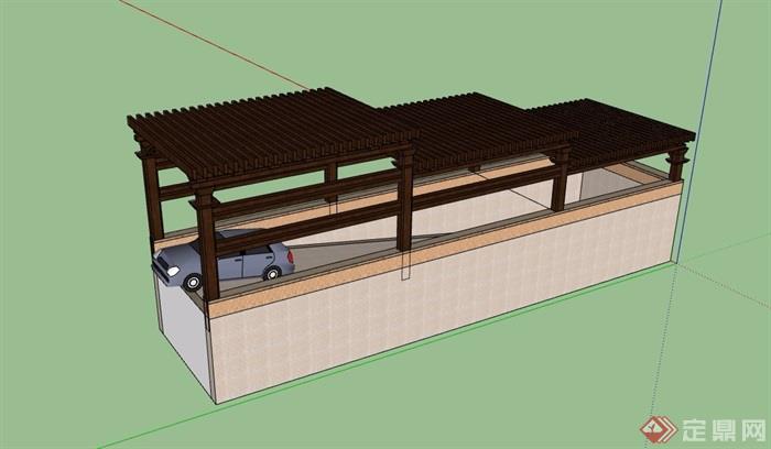 车库入口木质廊架素材设计su模型