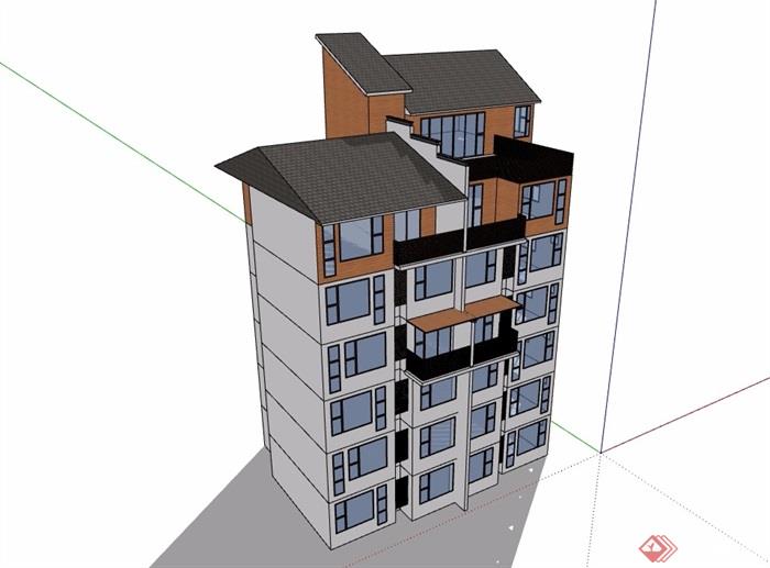 中式七层详细的住宅建筑楼设计su模型