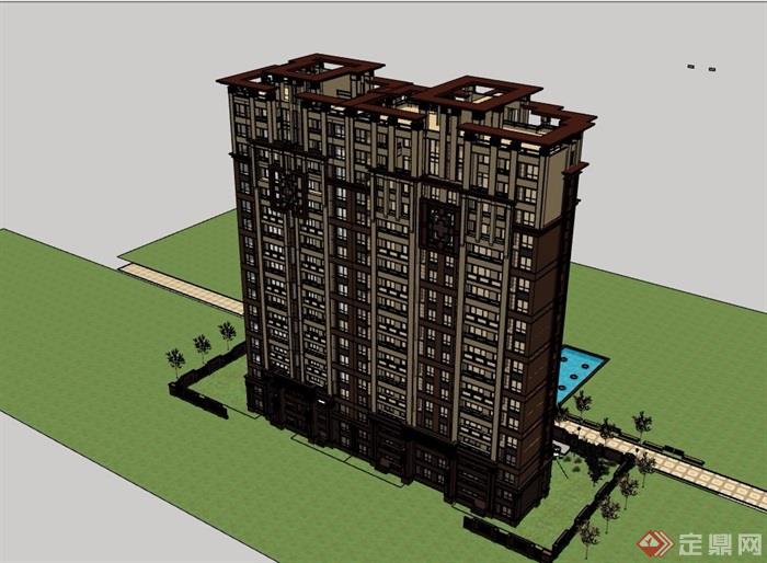 新中式小高层居住小区建筑楼su模型