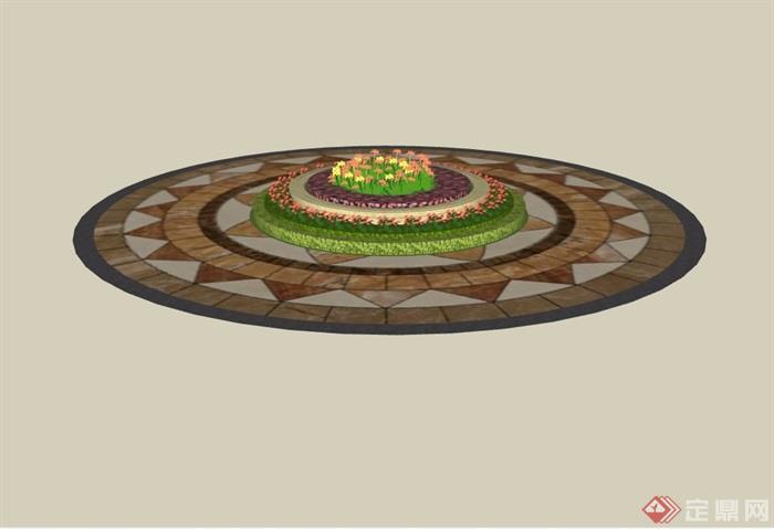 圆形花坛花池及地面铺装设计su模型
