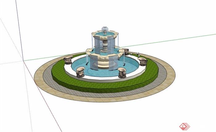 圆形详细的水钵水池设计su模型