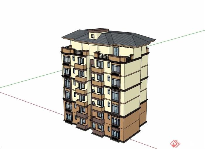 地中海风格7层住宅小区楼su模型