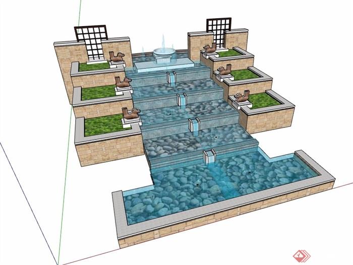 台阶式喷泉水池设计su模型