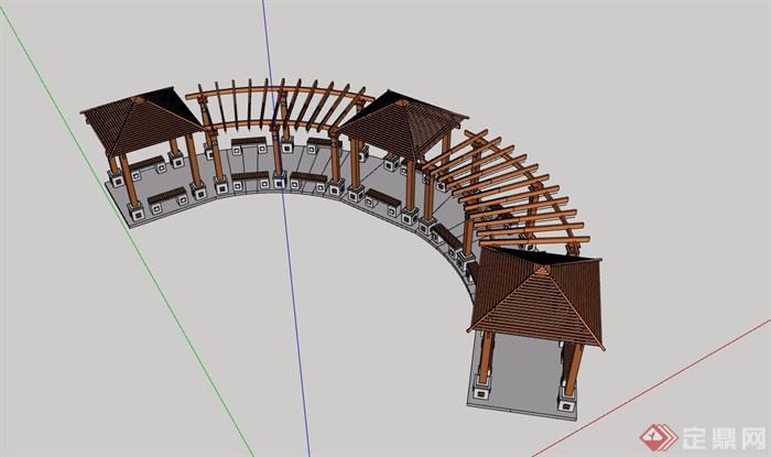 弧形详细的亭廊组合素材设计su模型