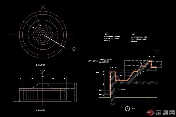 6] 圆形详细的跌水池景观设计cad施工图,图纸包含了详细的材料及尺寸