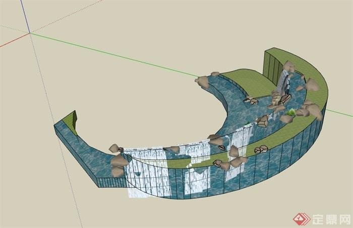 流水瀑布水景设计su模型,模型有材质贴图,模型包含了景石瀑布素材设计