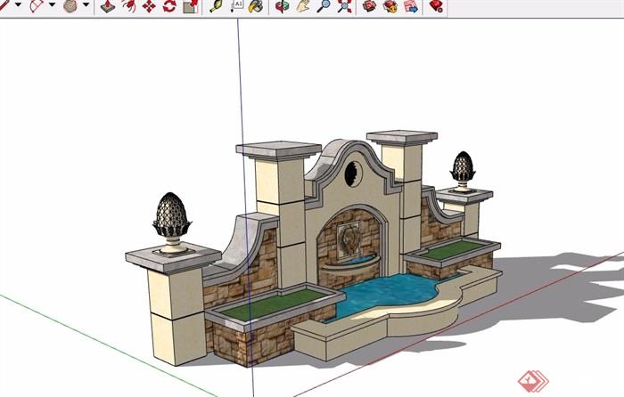 欧式风格详细经典水池景墙设计su模型