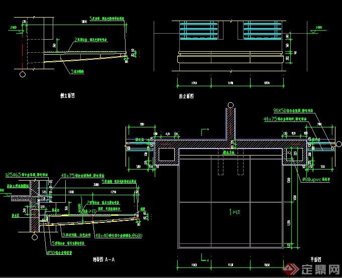 遮雨棚阳台玻璃雨棚阳光房阳光顶雨棚放大节点图纸,包括立面图,平面图