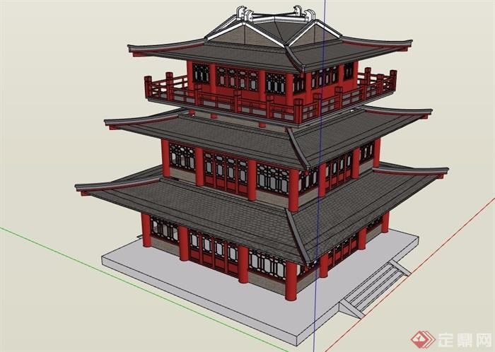 古典中式风格详细的景区三层建筑设计su模型