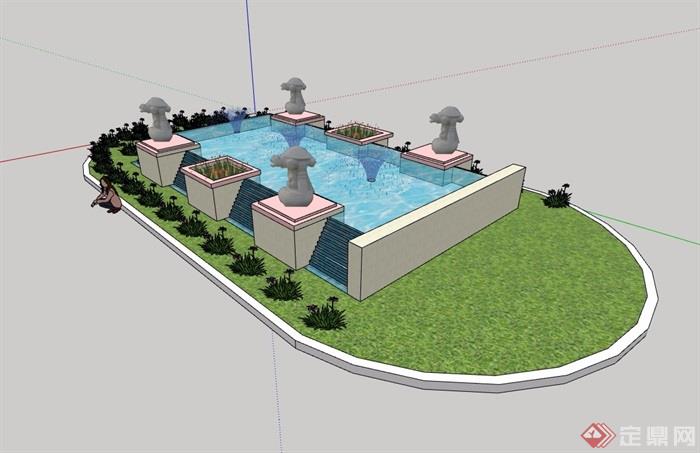 详细的喷泉水池及种植花池设计su模型