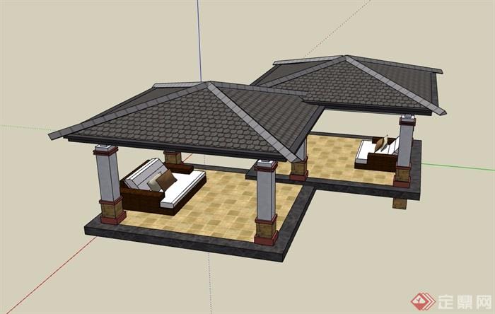 双拼欧式风格凉亭设计su模型