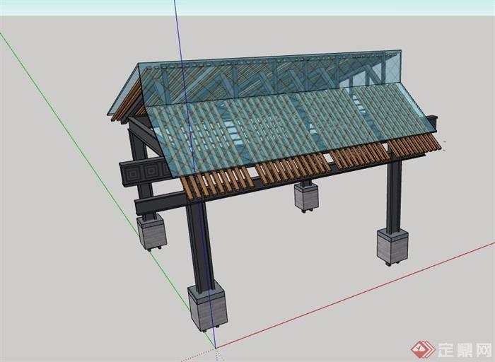 中式详细的经典玻璃凉亭设计su模型