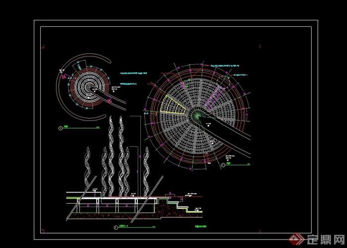 园林景观圆形喷泉cad平立面图