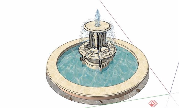 欧式详细圆形喷泉水钵水池设计su模型