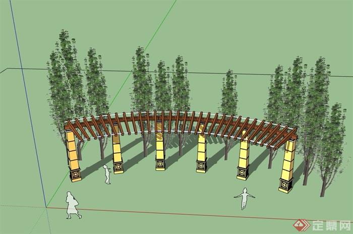 园林景观详细弧形廊架素材su模型