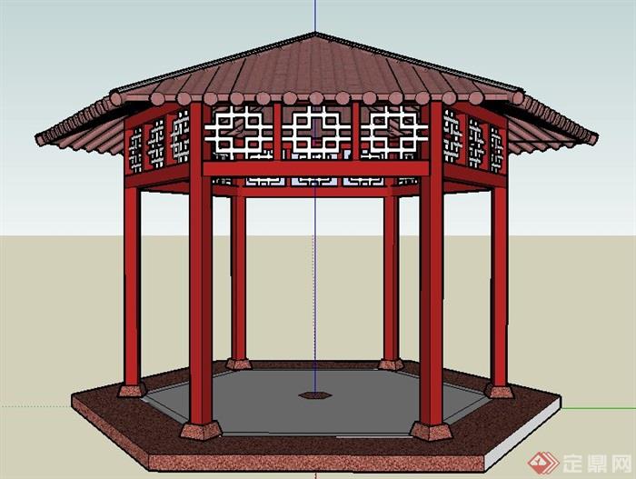 中式风格六角红瓦亭设计su模型(1)
