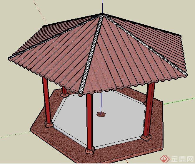 中式风格六角红瓦亭设计su模型(2)