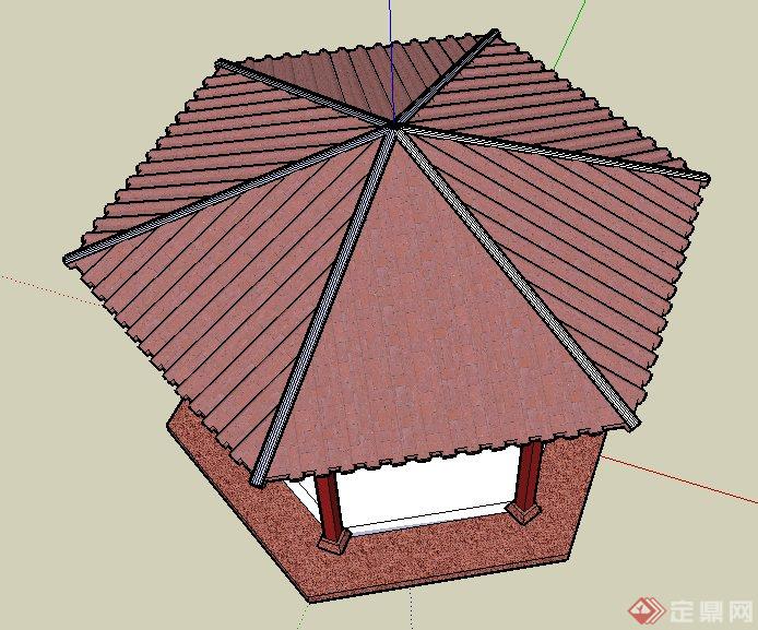 中式风格六角红瓦亭设计su模型(3)