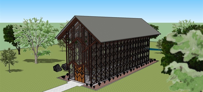 木质玻璃植物园建筑设计su模型