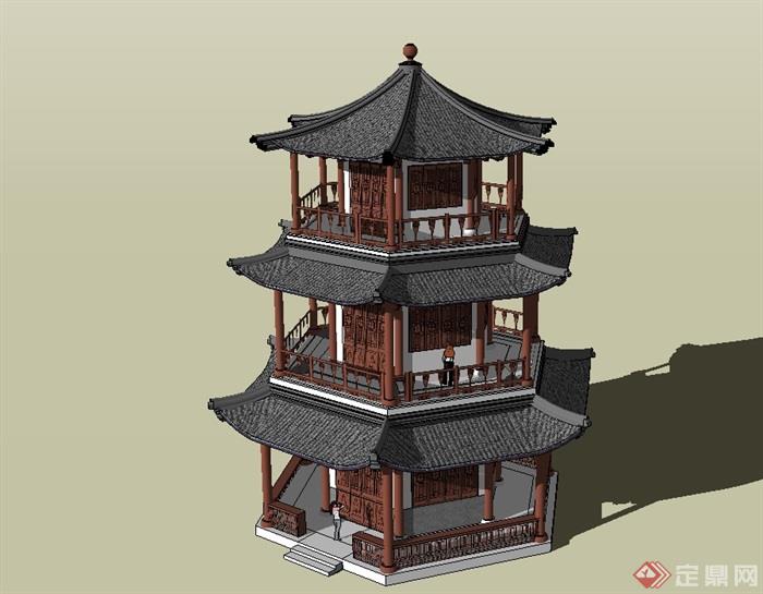 古典六角塔阁楼设计su模型(1)