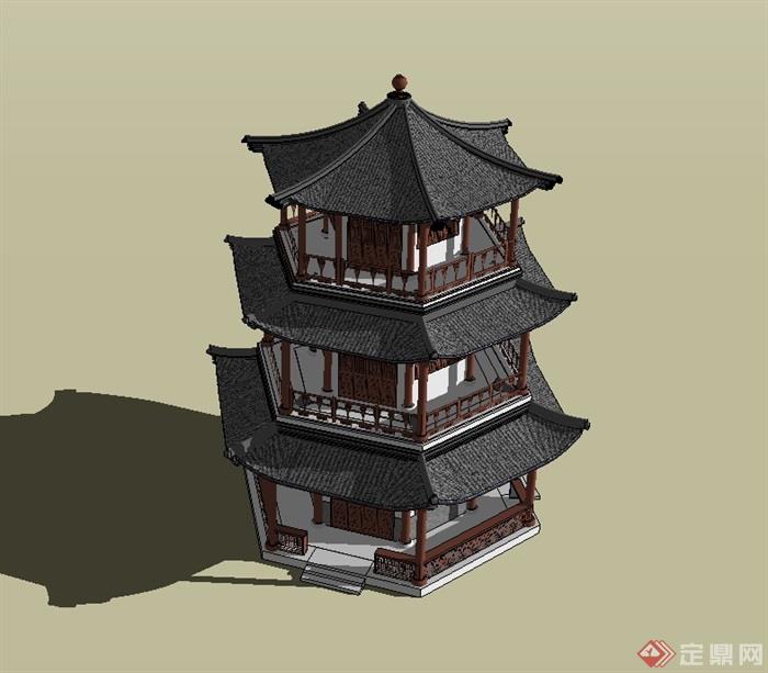 古典六角塔阁楼设计su模型(3)