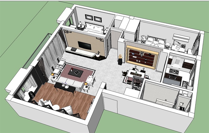 现代中式公寓增福设计su模型(1)