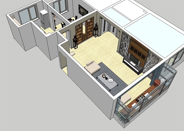 中式80平的小家装室内客餐厅设计su模型(2)