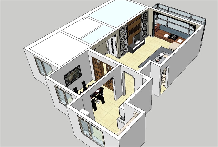 中式80平的小家装室内客餐厅设计su模型(1)